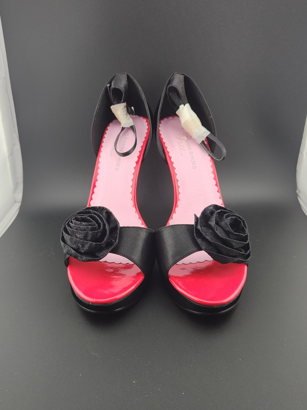 Leg Avenue Sangria Black Satin Peep-Toe Heels with Pink Insole and Rosette